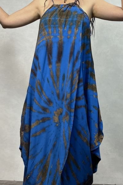 Şalvar Etekli Batik Elbise - Mavi