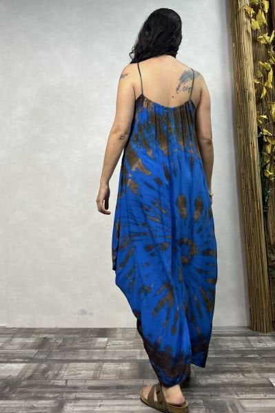 Şalvar Etekli Batik Elbise - Mavi
