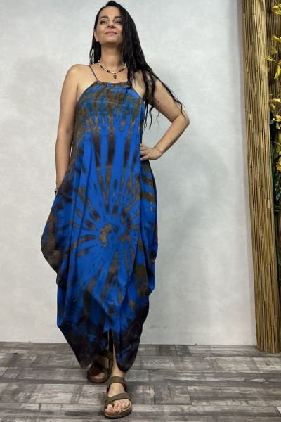 Şalvar Etekli Batik Elbise - Mavi