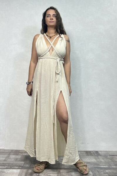 Niobe Müslin Elbise Beige - Bej