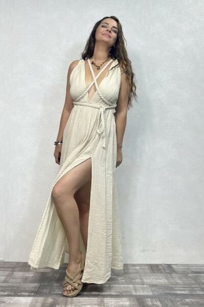 Niobe Müslin Elbise Beige - Bej