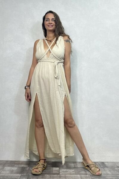 Niobe Müslin Elbise Beige - Bej