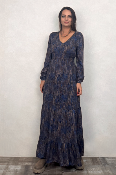 Volanlı Gipe Detaylı Elbise - Mavi