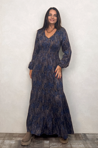 Volanlı Gipe Detaylı Elbise - Mavi