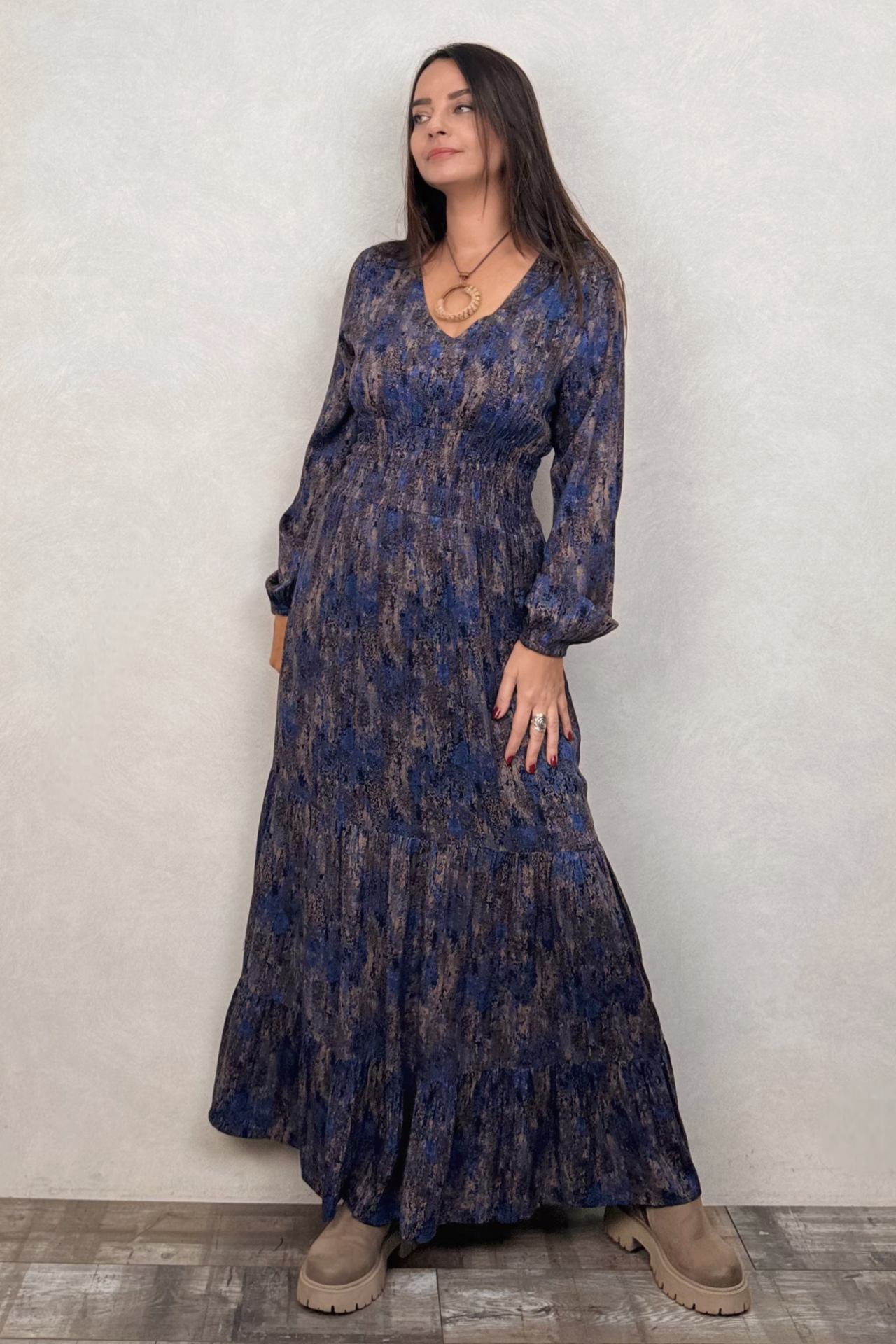 Volanlı Gipe Detaylı Elbise - Mavi