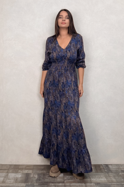 Volanlı Gipe Detaylı Elbise - Mavi