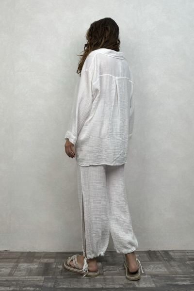 Müslin Bağcıklı Pantolon - Beyaz