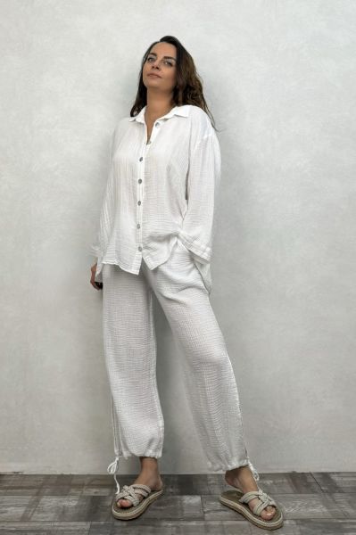 Müslin Bağcıklı Pantolon - Beyaz