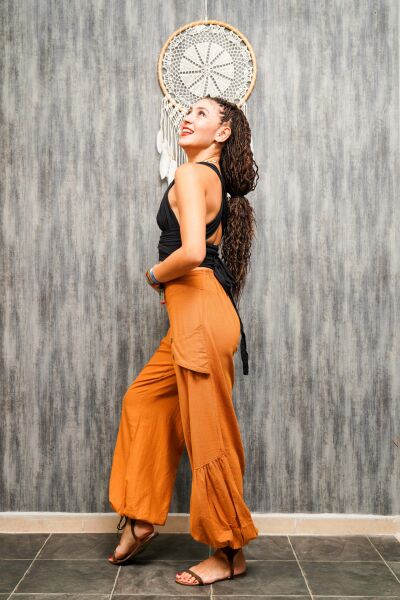 Paça Detaylı Düğmeli Pantolon - Hardal