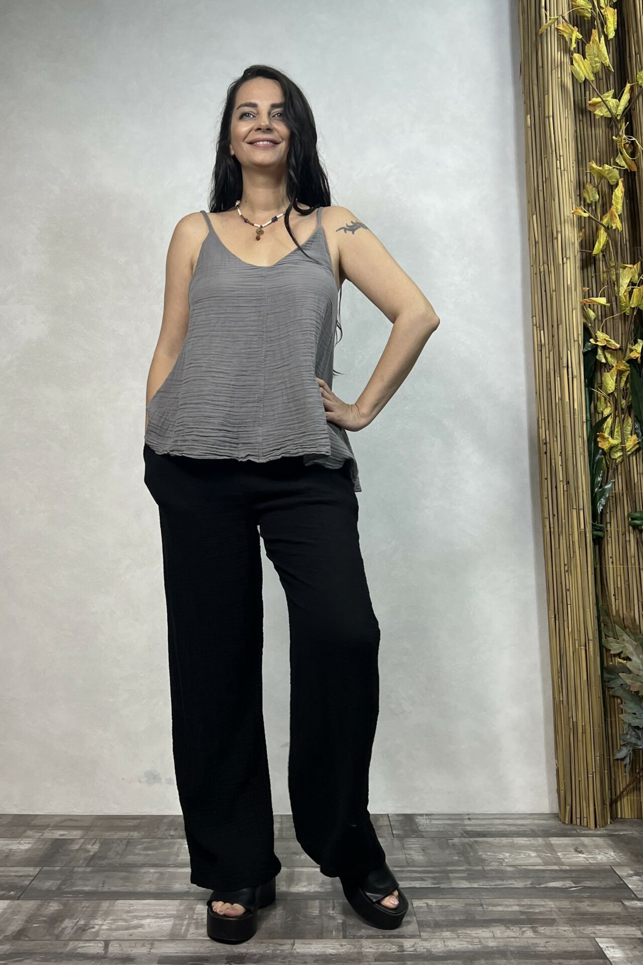 Asia Müslin Bluz Dark Grey - Gri