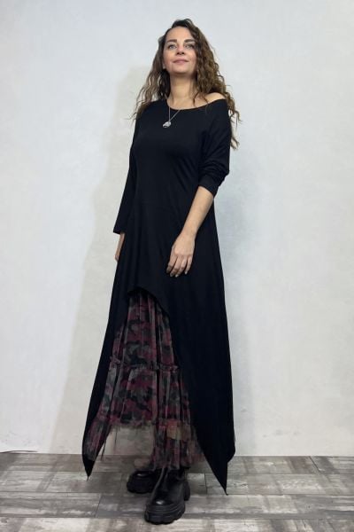 Maxi Viskon Tunik ve Tül Etek Kombin - Siyah Pembe Kamuflaj