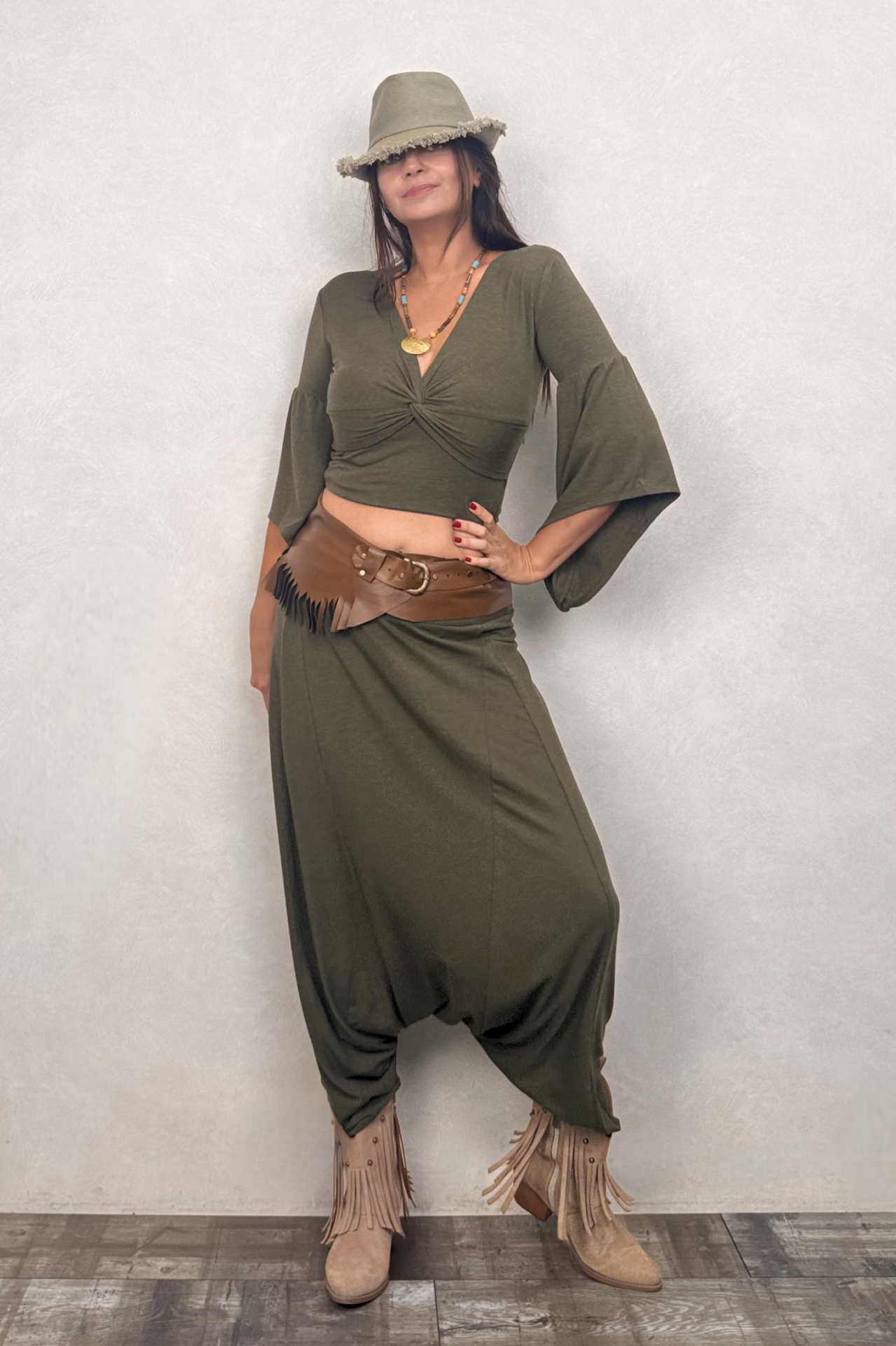 Paçaları Lastikli Şalvar - Haki Yeşil