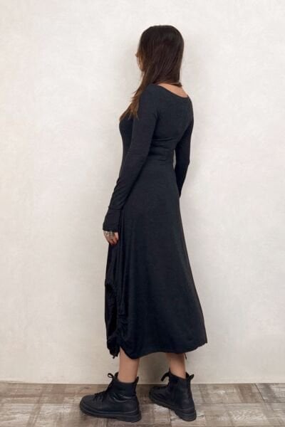 Layla Kayık Yaka Bohem Kışlık Elbise - Siyah