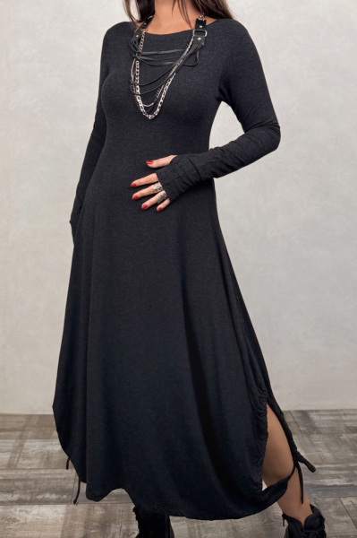 Layla Kayık Yaka Bohem Kışlık Elbise - Siyah