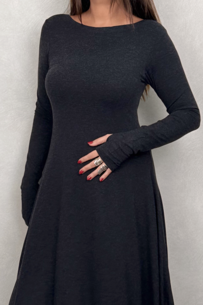 Layla Kayık Yaka Bohem Kışlık Elbise - Siyah