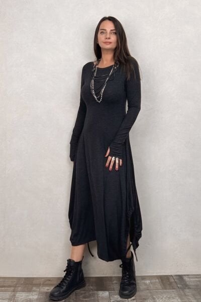 Layla Kayık Yaka Bohem Kışlık Elbise - Siyah