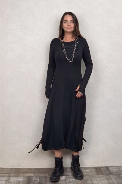 Layla Kayık Yaka Bohem Kışlık Elbise - Siyah