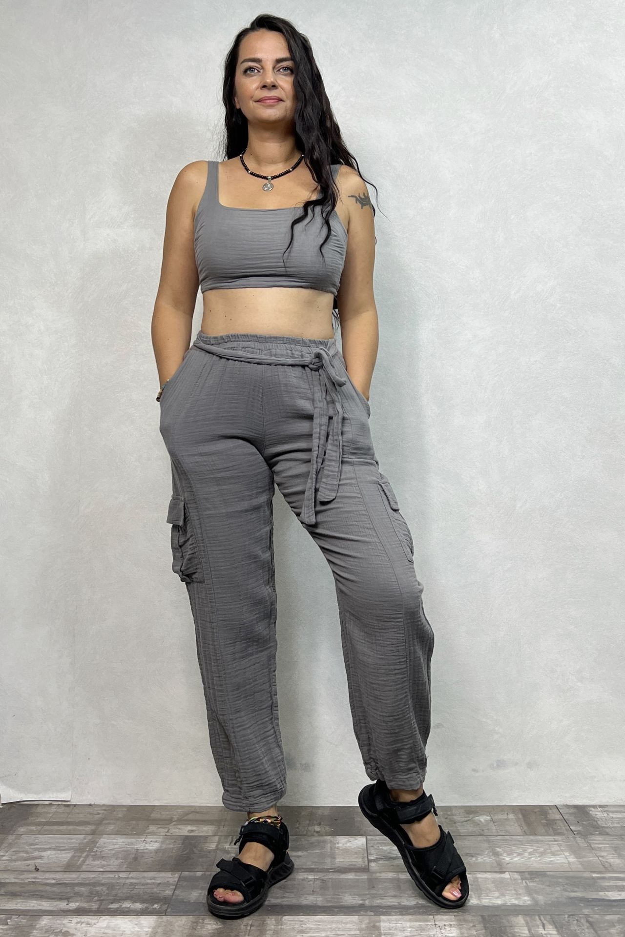 Daphne Müslin Pantolon Dark Grey- Antrasit