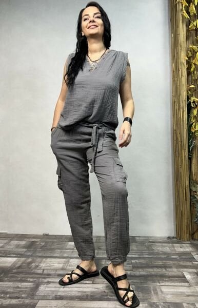 Daphne Müslin Pantolon Dark Grey- Antrasit