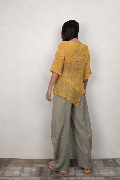 Parça Detaylı Asimetrik Merserize Bluz - Sarı