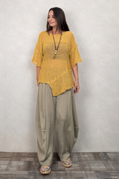 Parça Detaylı Asimetrik Merserize Bluz - Sarı