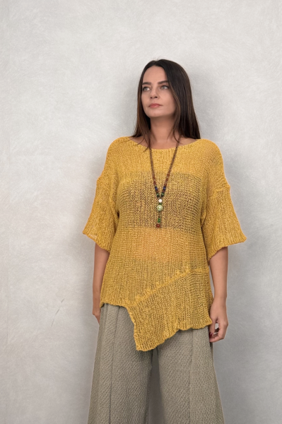Parça Detaylı Asimetrik Merserize Bluz - Sarı