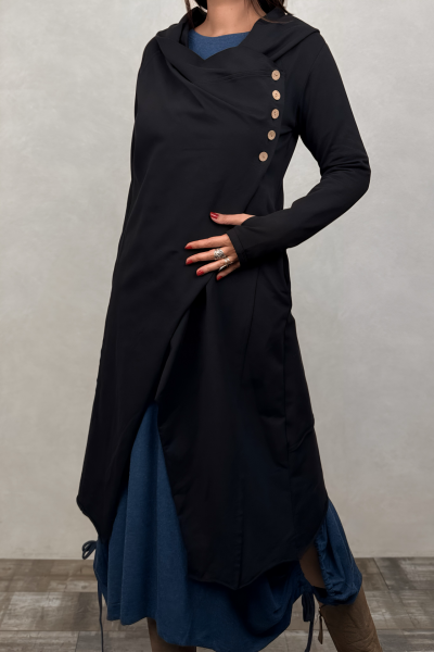 Kapşonlu Bohem Kap - Siyah