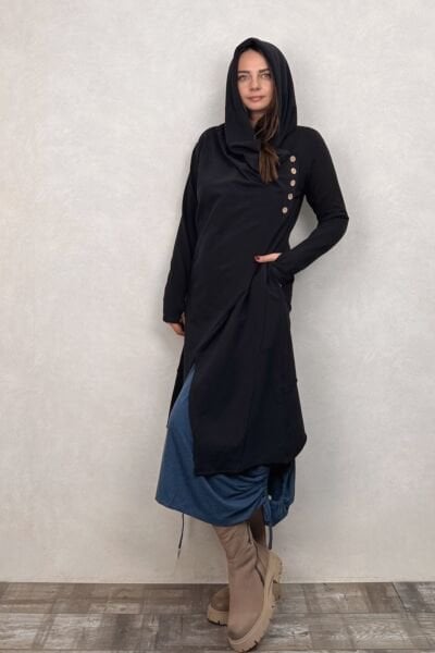 Kapşonlu Bohem Kap - Siyah