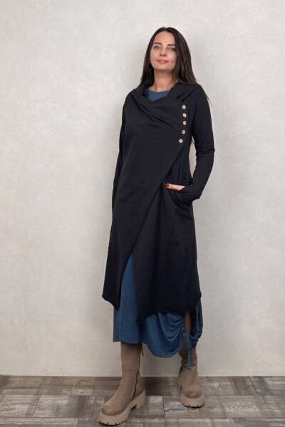 Kapşonlu Bohem Kap - Siyah