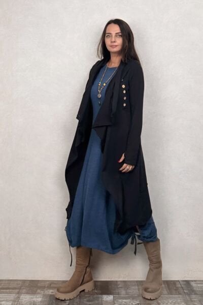 Kapşonlu Bohem Kap - Siyah