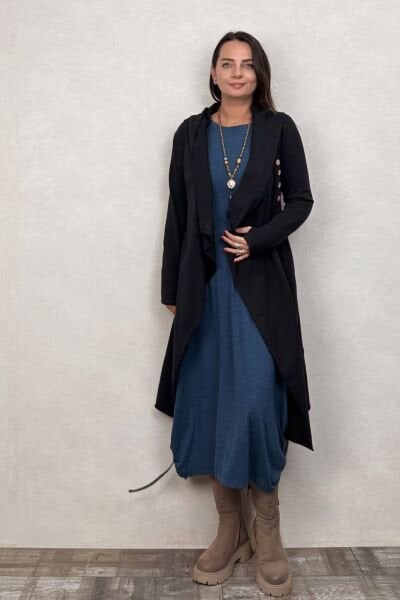 Kapşonlu Bohem Kap - Siyah