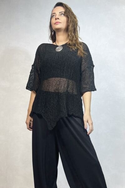 Parça Detaylı Asimetrik Merserize Bluz - Siyah