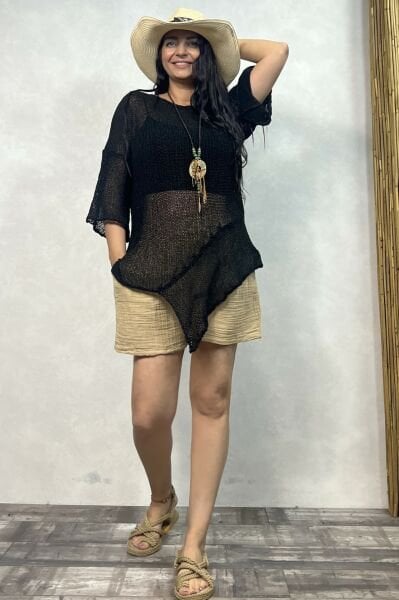 Parça Detaylı Asimetrik Merserize Bluz - Siyah