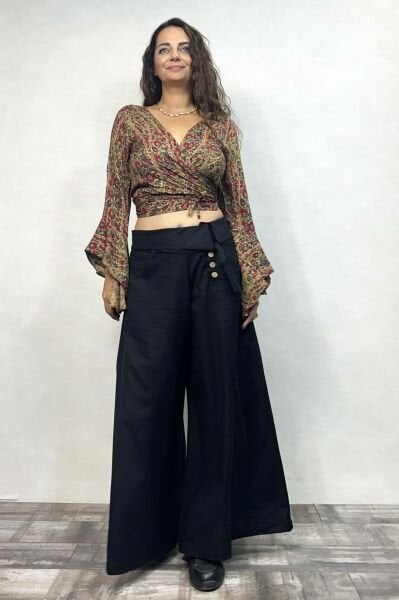 Düşük Bel Düğmeli Bol Paça Pantolon - Siyah