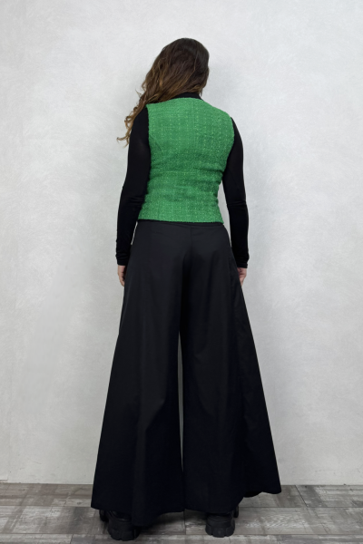 Düşük Bel Düğmeli Bol Paça Pantolon - Siyah