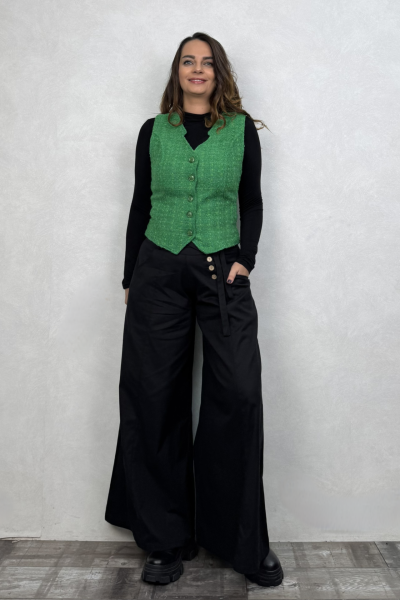 Düşük Bel Düğmeli Bol Paça Pantolon - Siyah
