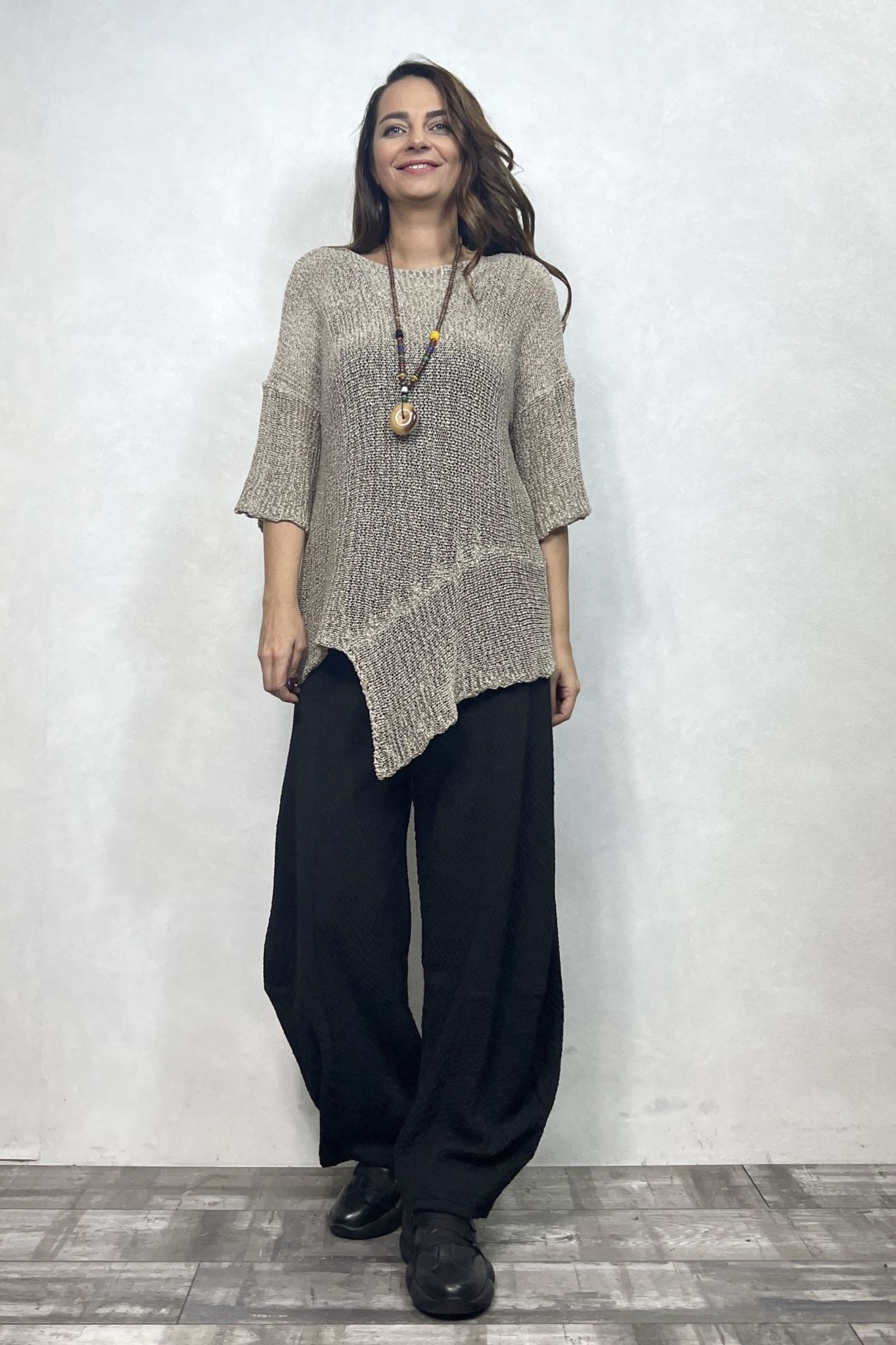 Parça Detaylı Asimetrik Merserize Bluz - Vizon