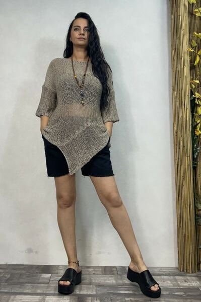 Parça Detaylı Asimetrik Merserize Bluz - Vizon