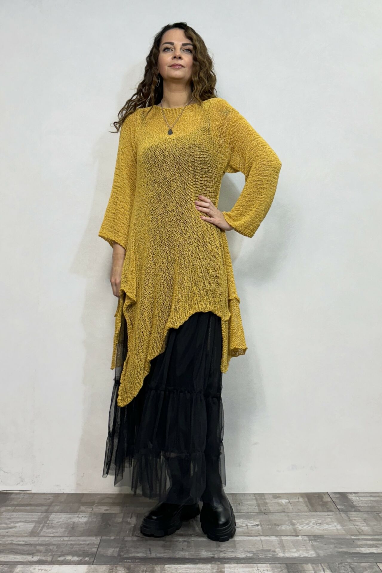 Merserize Tunik ve Tül Etek Kombin - Sarı Siyah