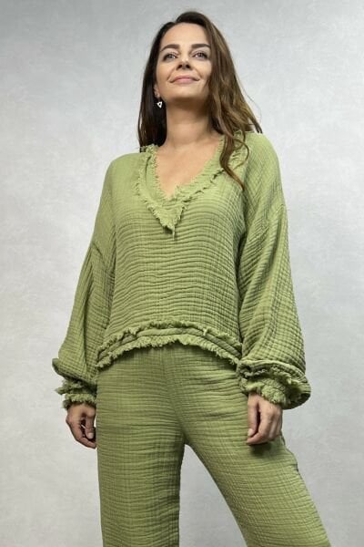 Arwen Müslin Bluz Sage Green - Yeşil