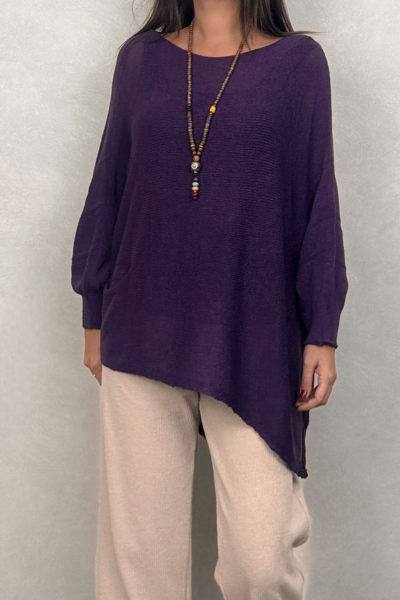 Asimetrik Kayık Triko Bluz - Mor