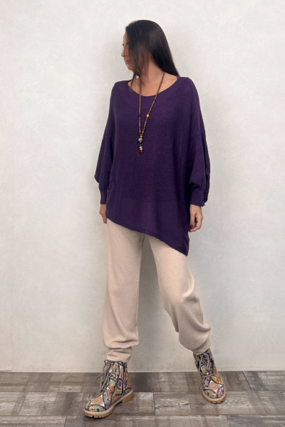 Asimetrik Kayık Triko Bluz - Mor