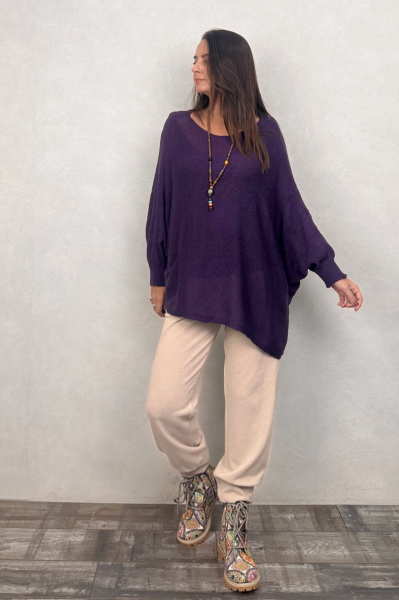 Asimetrik Kayık Triko Bluz - Mor