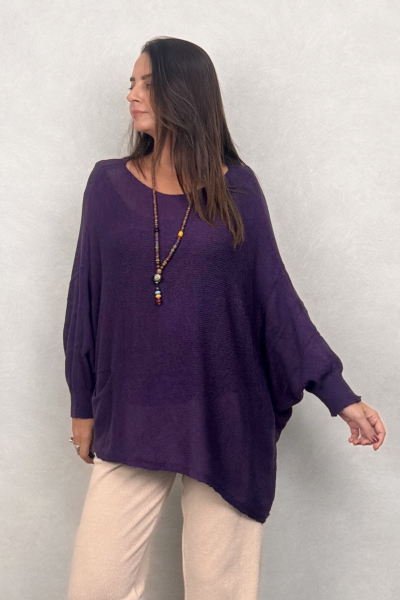 Asimetrik Kayık Triko Bluz - Mor