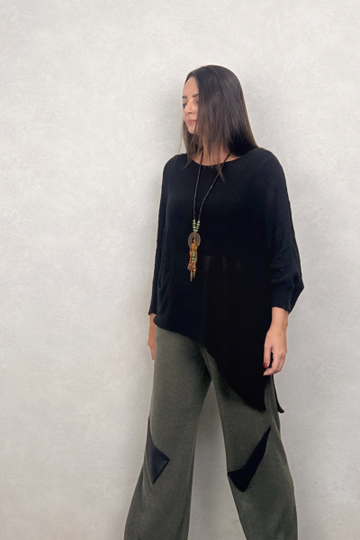 Asimetrik Kayık Triko Bluz - Siyah