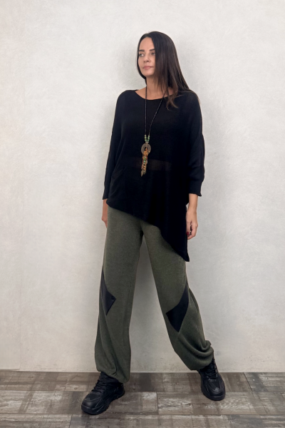 Asimetrik Kayık Triko Bluz - Siyah