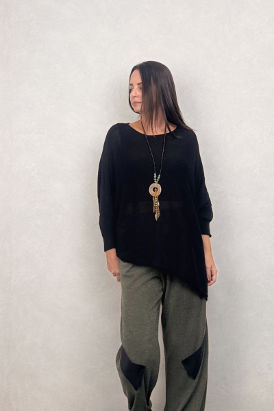 Asimetrik Kayık Triko Bluz - Siyah