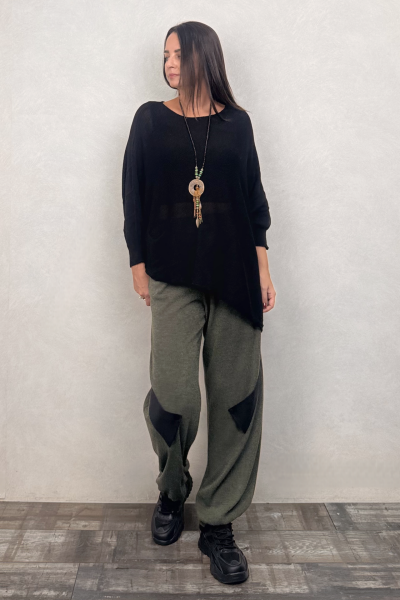 Asimetrik Kayık Triko Bluz - Siyah