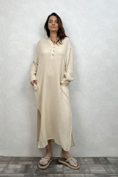 Ala Müslin Elbise Beige -Bej