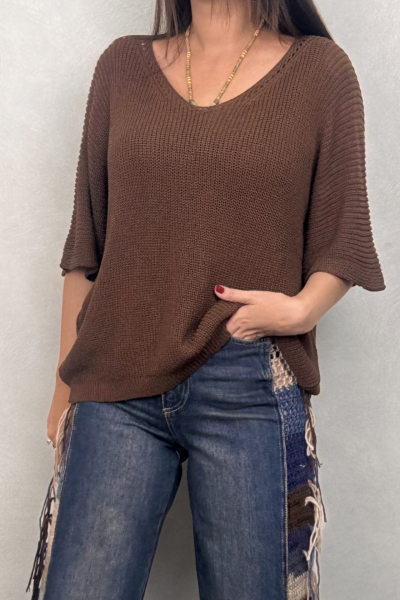 Ajurlu Triko Bluz - Kahve